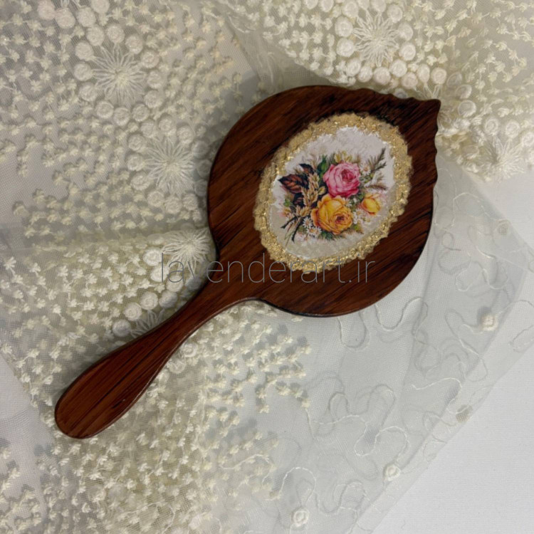 آینه چوبی دستی طرح چوب با دکوپاژ دسته گل