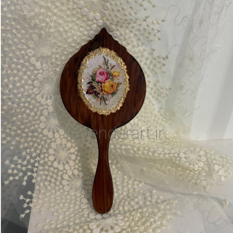 آینه چوبی دستی طرح چوب با دکوپاژ دسته گل