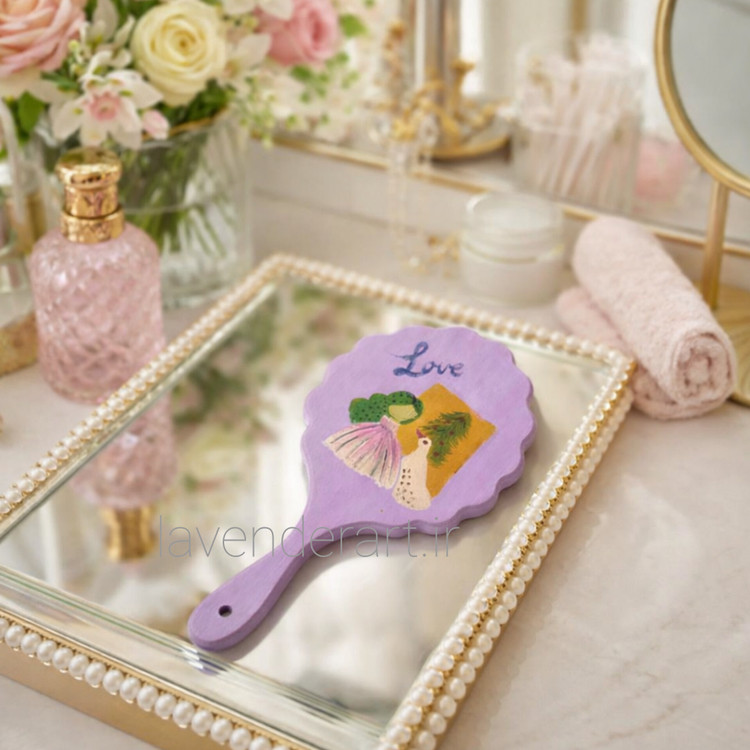 آینه چوبی دستی بنفش با طرح نقاشی دخترک و پرنده
