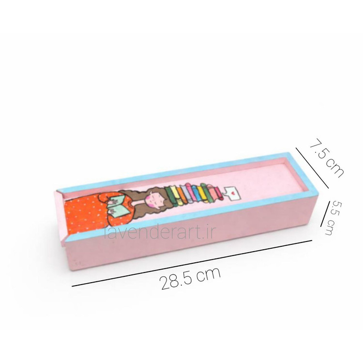 جای قلم چوبی با در کشویی طرح دخترک کتابخوان