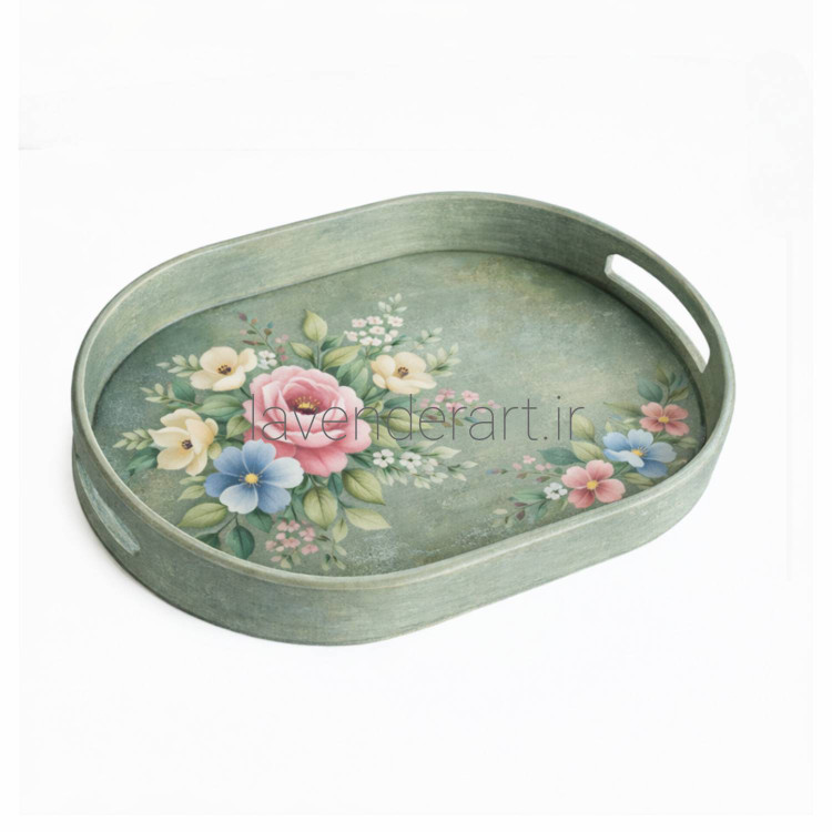 سینی چوبی بیضی سبز و نقاشی دستکار رنگ روغن سایز 34*24