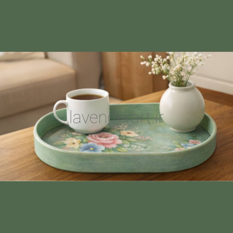 سینی چوبی بیضی سبز پتینه و نقاشی دستکار رنگ روغن سایز 34*24