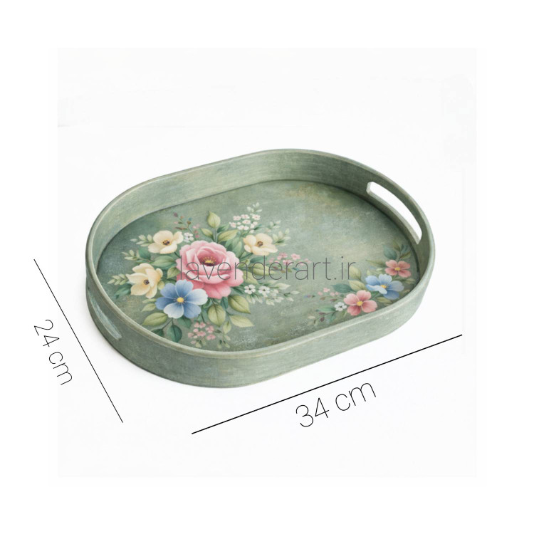 سینی چوبی بیضی سبز و نقاشی دستکار رنگ روغن سایز 34*24