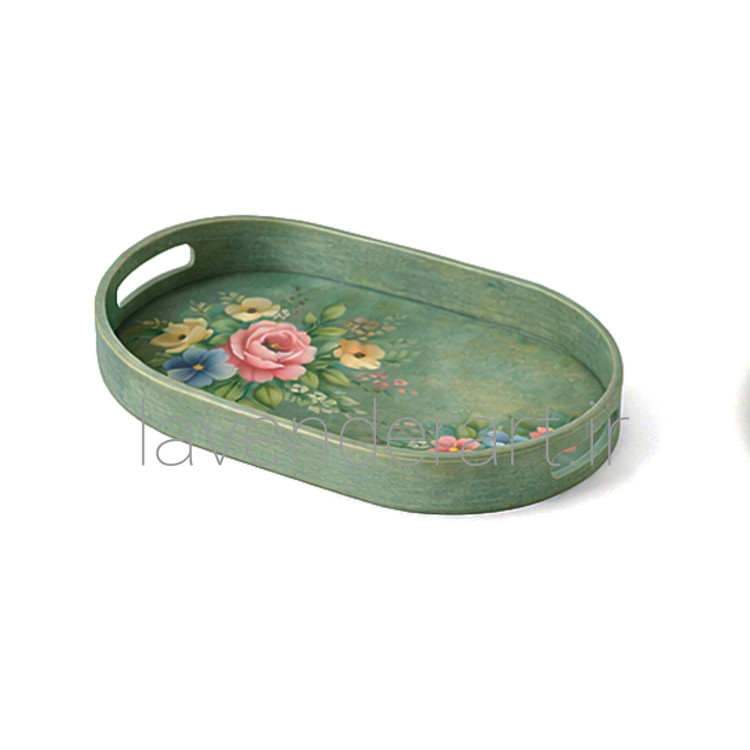 سینی چوبی بیضی سبز و نقاشی دستکار رنگ روغن سایز 34*24