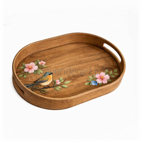 سینی چوبی بیضی طرح چوب با نقاشی دستکار رنگ روغن سایز 34*24