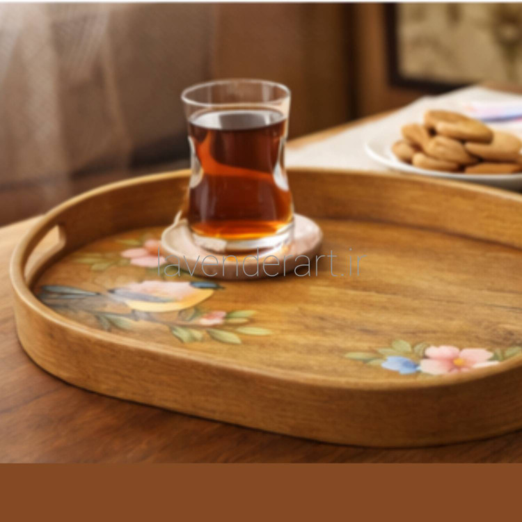 سینی چوبی بیضی طرح چوب با نقاشی دستکار رنگ روغن سایز 34*24