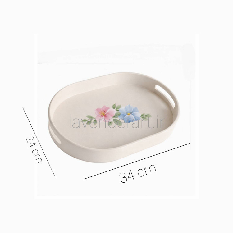 سینی چوبی بیضی کرم رنگ با نقاشی دستکار رنگ روغن سایز 34*24