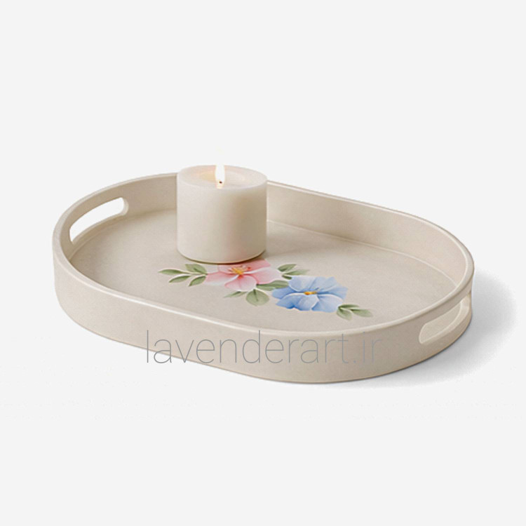 سینی چوبی بیضی کرم رنگ با نقاشی دستکار رنگ روغن سایز 34*24