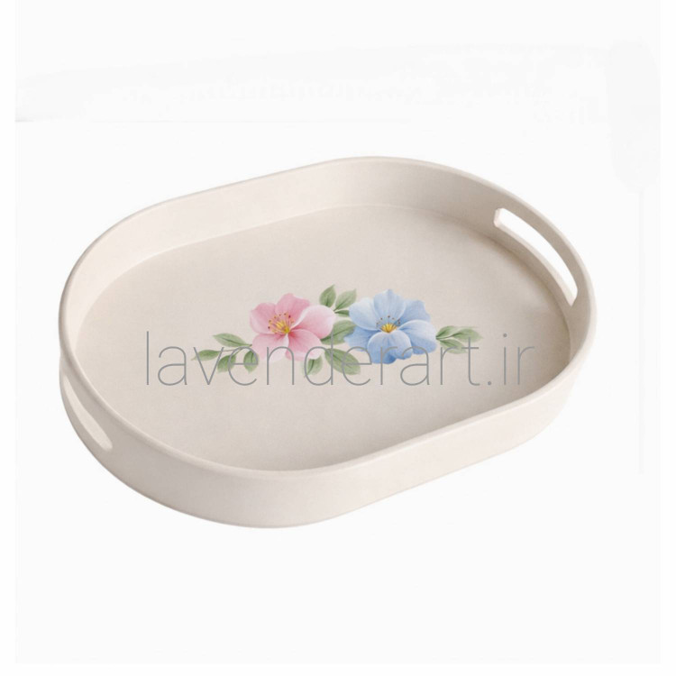 سینی چوبی بیضی کرم رنگ با نقاشی دستکار رنگ روغن سایز 34*24