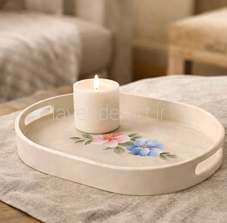 سینی چوبی بیضی کرم رنگ با نقاشی دستکار رنگ روغن سایز 34*24