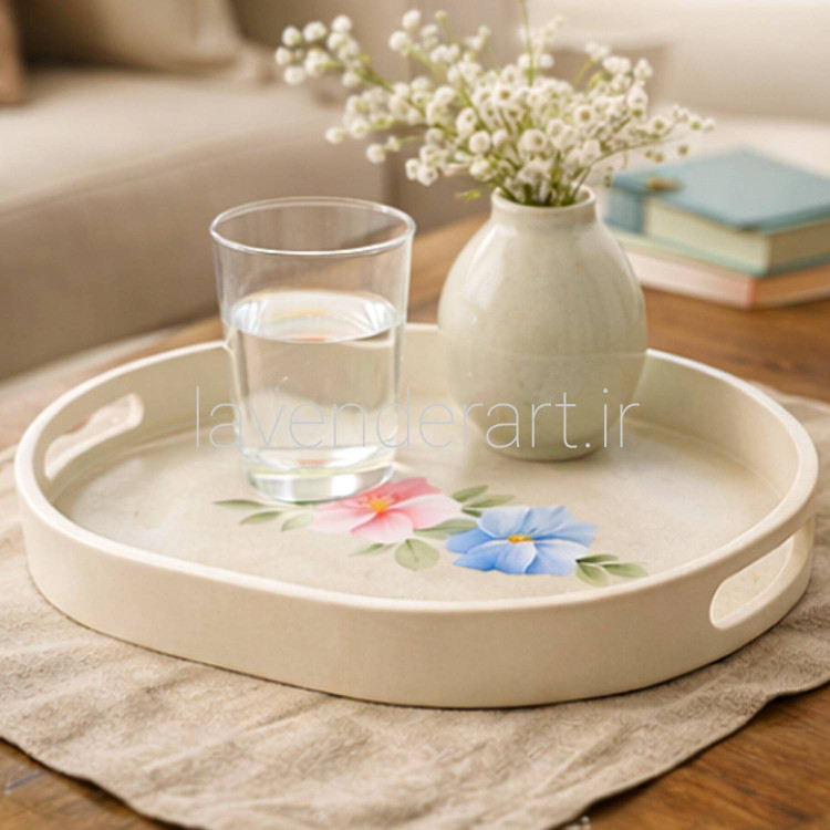 سینی چوبی بیضی کرم رنگ با نقاشی دستکار رنگ روغن سایز 34*24