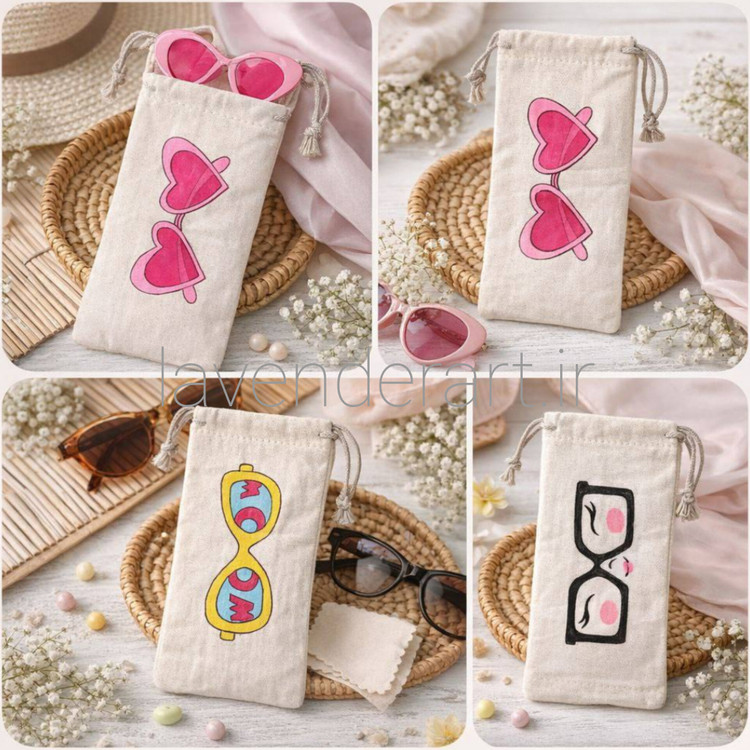 جا عینکی پارچه ای فانتزی با نقاشی طرح عینک صورتی قلبی شکل