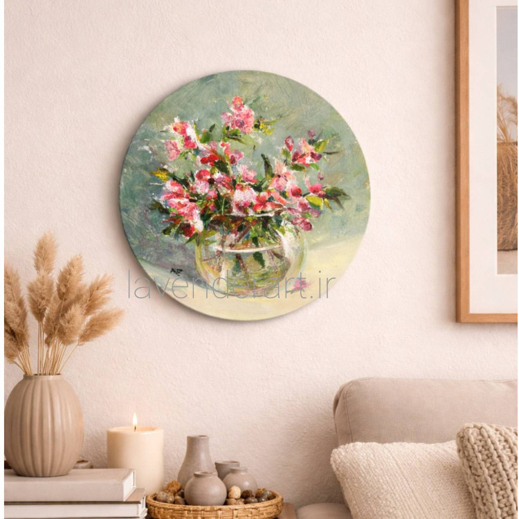 تابلو نقاشی رنگ روغن کوچک با عنوان نجوای شکوفه های بهاری روی بوم چوبی گرد