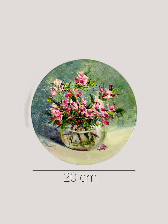 تابلو نقاشی رنگ روغن کوچک با عنوان نجوای شکوفه های بهاری روی بوم چوبی گرد