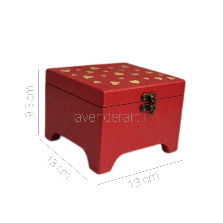 جعبه چوبی قرمز پایه دار با طرح قلب طلایی ولنتاین