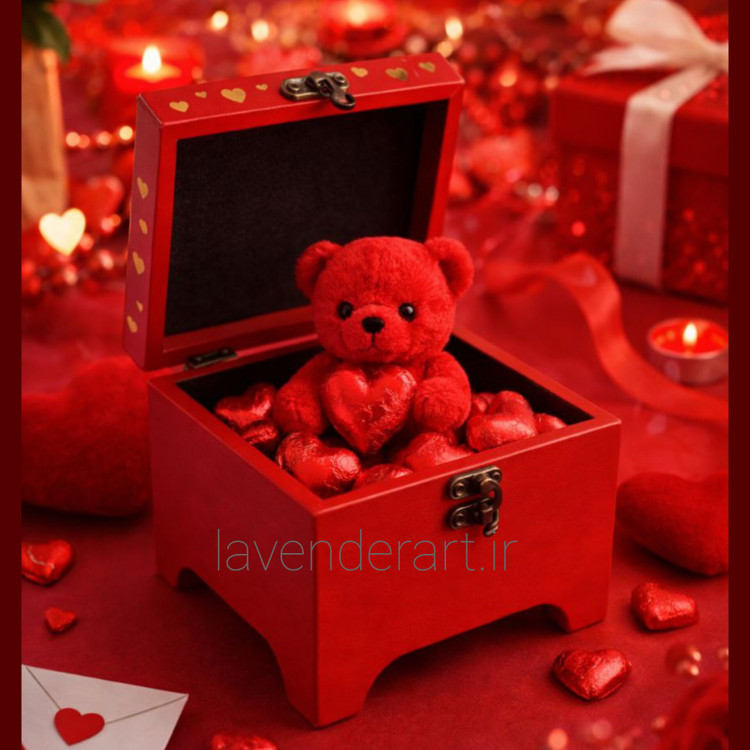 جعبه چوبی قرمز پایه دار با طرح قلب طلایی ولنتاین