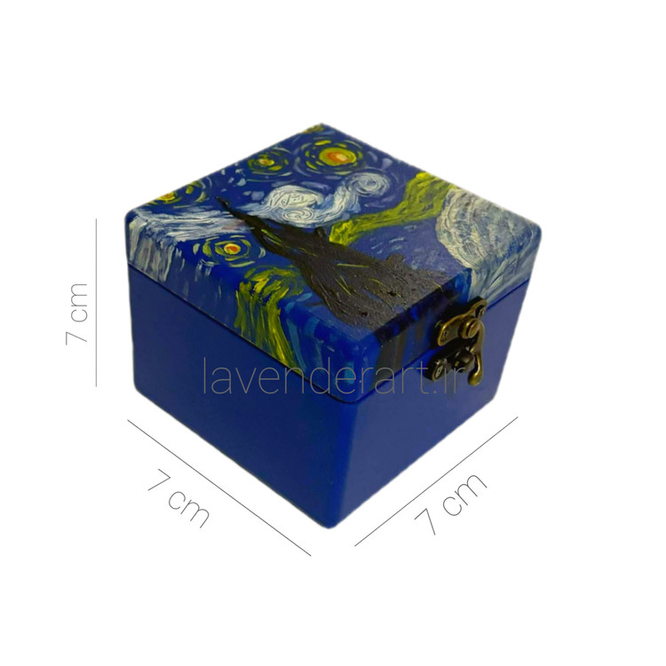 جعبه چوبی مکعبی آبی با طرح شب پر ستاره نقاشی شده دستی