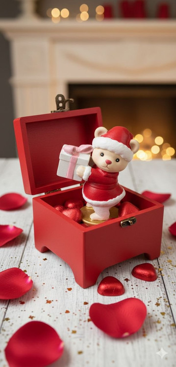 جعبه چوبی قرمز پایه دار با طرح قلب طلایی ولنتاین