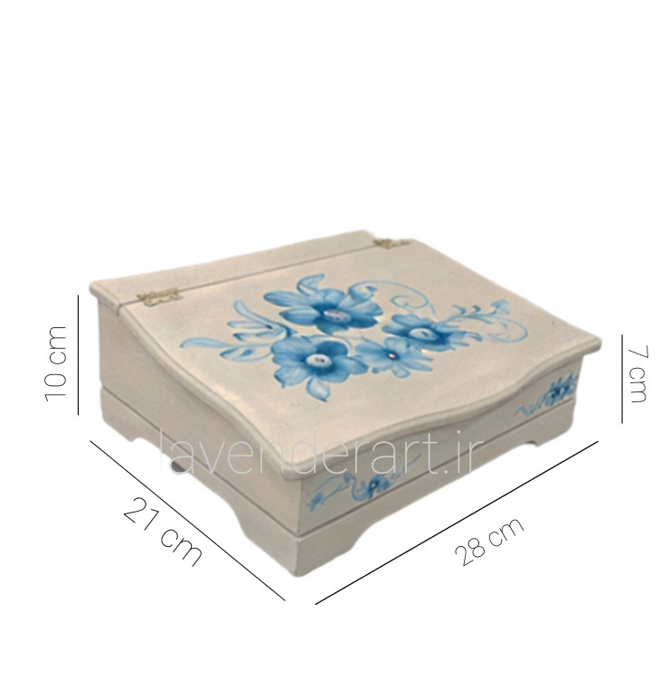 جعبه تیبگ چوبی چهار خانه سفید با نقاشی گل های آبی