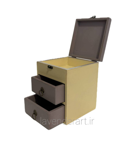 مینی دراور چوبی رومیزی دو کشو با باکس رنگ کرم و خاکستری