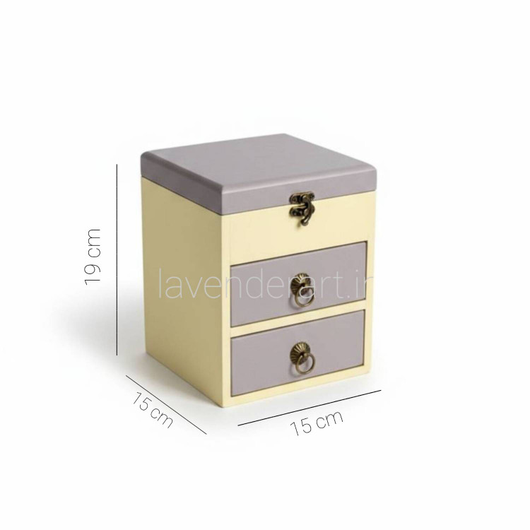 مینی دراور چوبی رومیزی دو کشو با باکس رنگ کرم و خاکستری