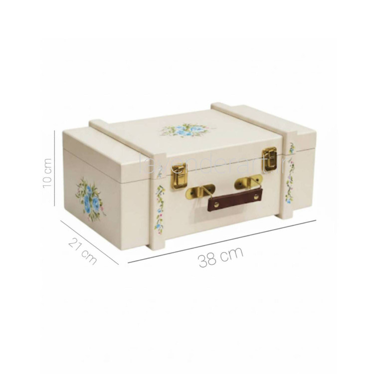 چمدان چوبی کرم قهوه ای با نقاشی گل رز آبی