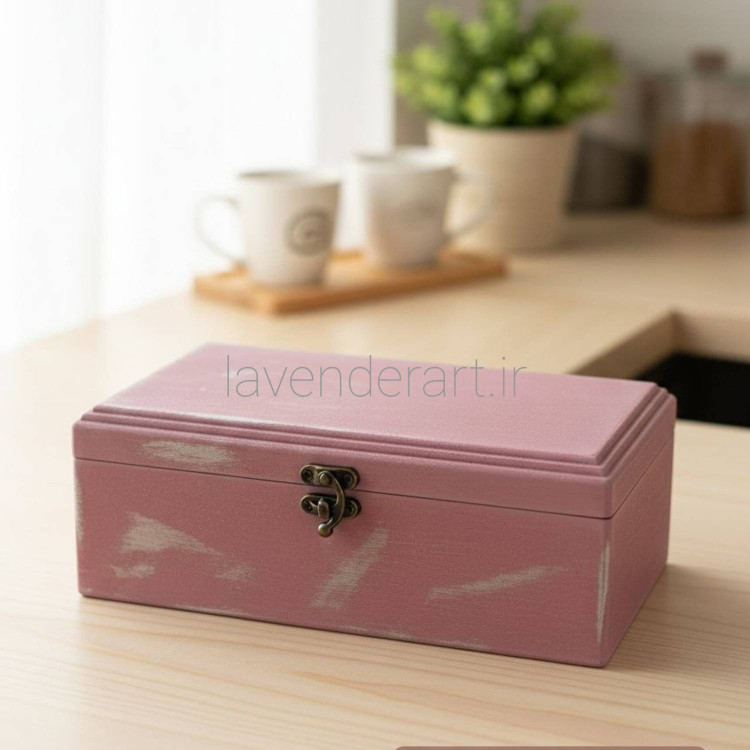 جعبه تیبگ چوبی سه قسمتی رنگ صورتی با کهنه کاری نقره ای