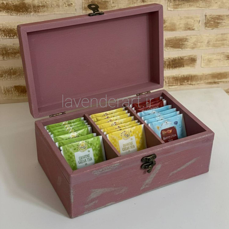 جعبه تیبگ چوبی سه قسمتی رنگ صورتی با کهنه کاری نقره ای