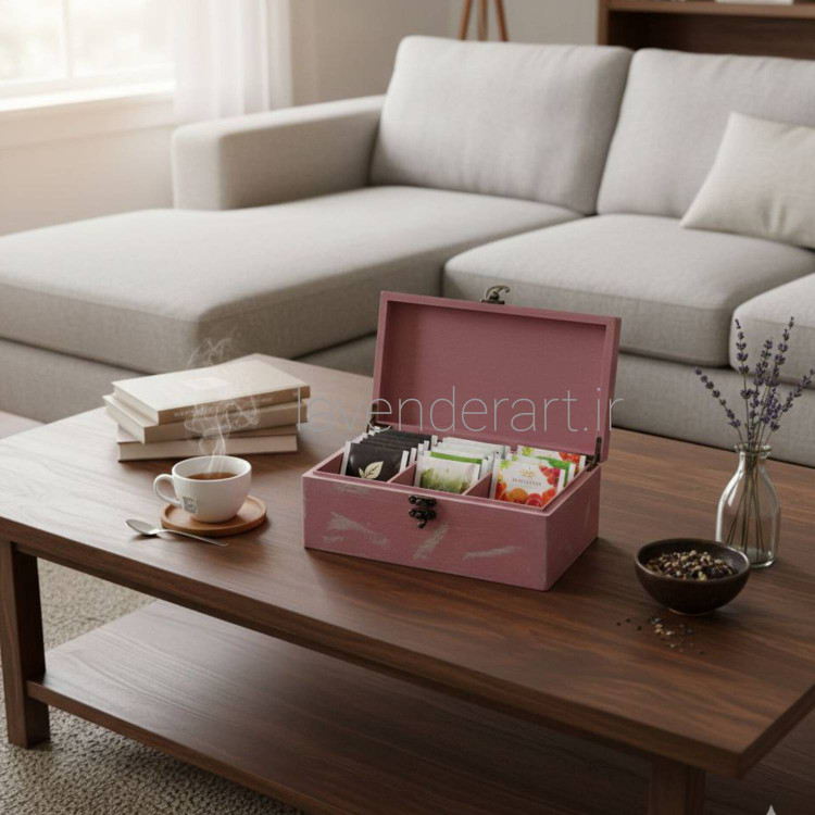 جعبه تیبگ چوبی سه قسمتی رنگ صورتی با کهنه کاری نقره ای