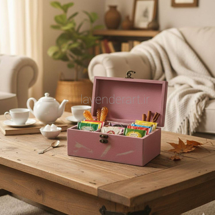 جعبه تیبگ چوبی سه قسمتی رنگ صورتی با کهنه کاری نقره ای