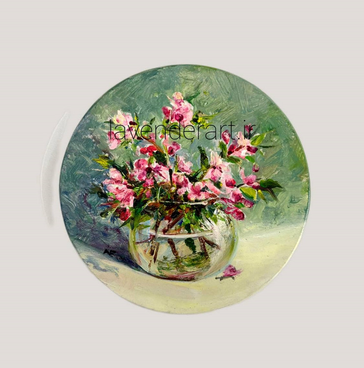 تابلو نقاشی رنگ روغن کوچک با عنوان نجوای شکوفه های بهاری روی بوم چوبی گرد