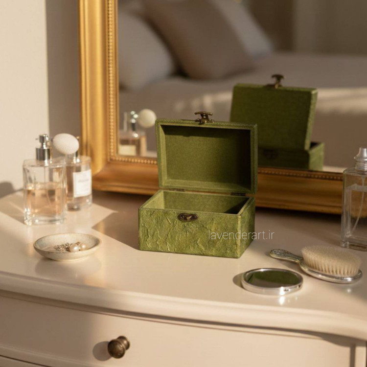 جعبه چوبی اکسسوری سبز طرح پارچه ساتن
