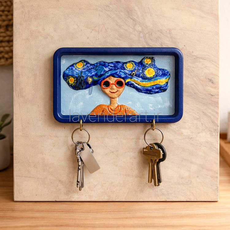 دیوارکوب چوبی فانتزی طرح برجسته دخترکی با موهای شب پر ستاره