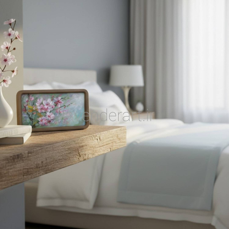 تابلو نقاشی رنگ روغن کوچک با عنوان شکوفه های بهاری روی بوم چوبی