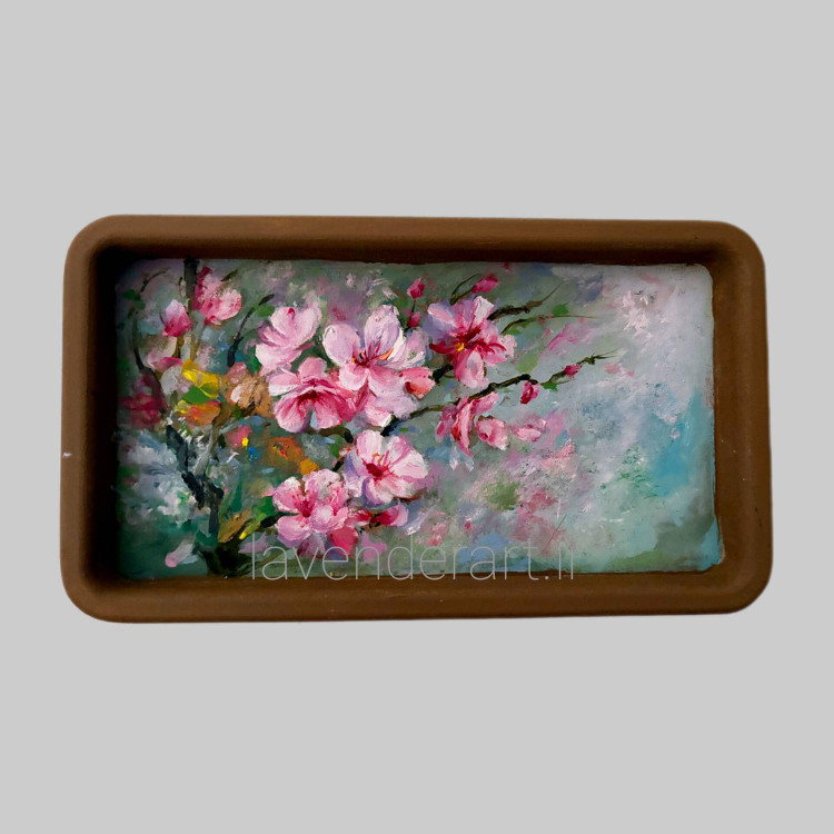 تابلو نقاشی رنگ روغن کوچک با عنوان شکوفه های بهاری روی بوم چوبی
