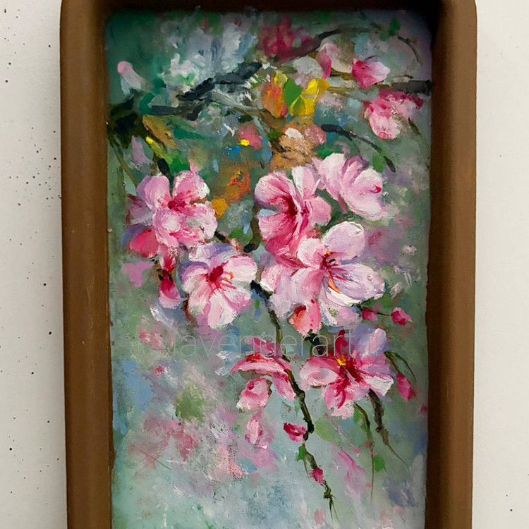 تابلو نقاشی رنگ روغن کوچک با عنوان شکوفه های بهاری روی بوم چوبی