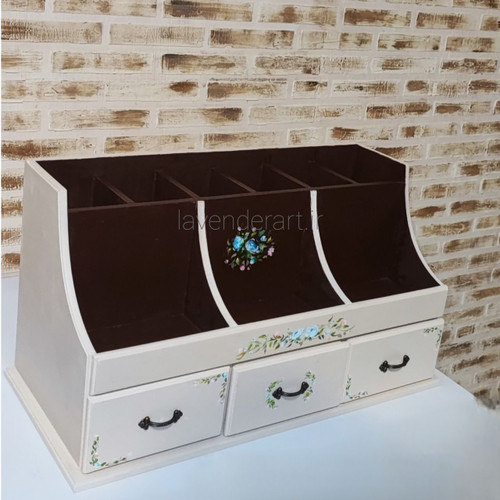 استند لوازم آرایش و زیورآلات چوبی رومیزی با سه کشو و نه باکس