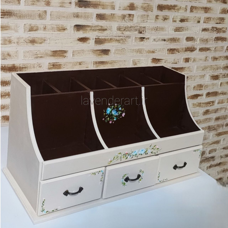 استند لوازم آرایش و زیورآلات چوبی رومیزی با سه کشو و نه باکس