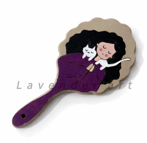 آینه چوبی دستی بنفش با طرح نقاشی دخترک و گربه