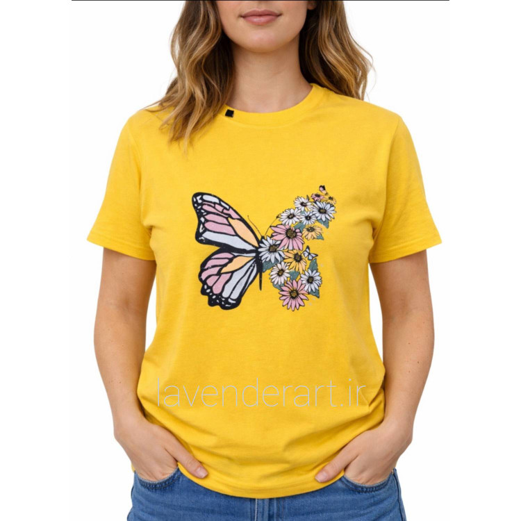 تیشرت نخی زرد با چاپ گل و پروانه