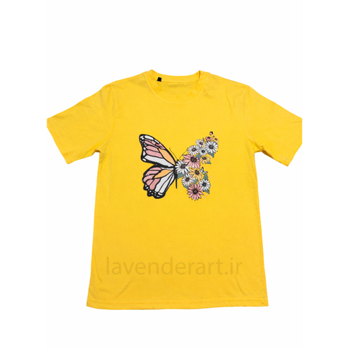 تیشرت نخی زرد با چاپ گل و پروانه
