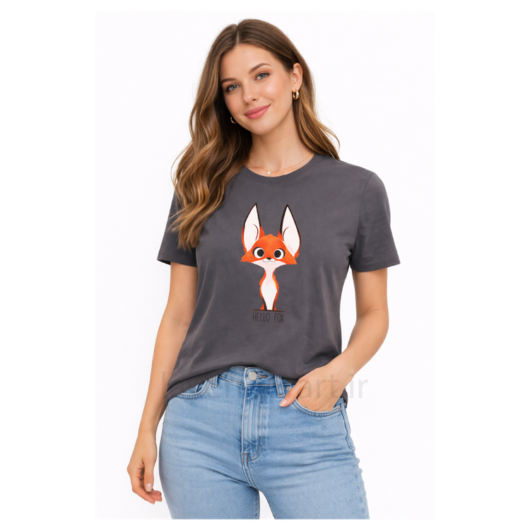 تیشرت نخی طوسی با چاپ طرح روباه بامزه