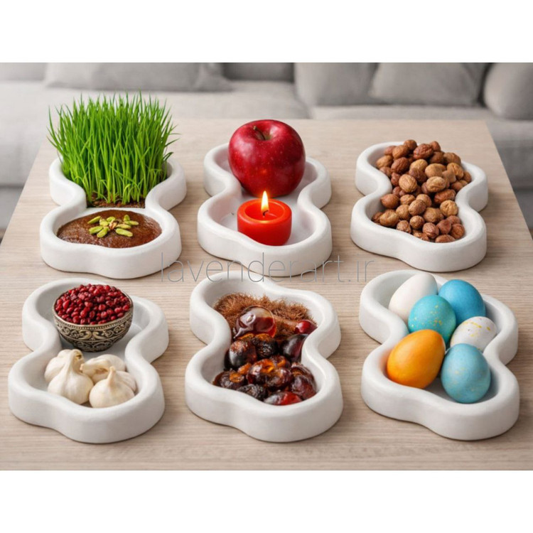 ظرف هفت سین سنگ مصنوعی طرح برکه با نقاشی پاپیون های ریز با ابعاد 18*13 سانتی متر