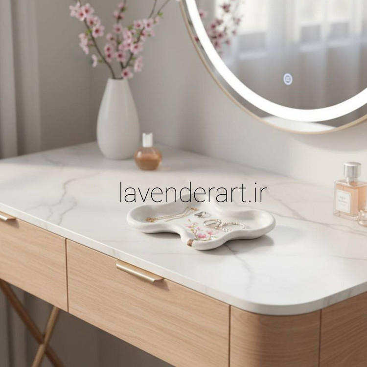 ظرف هفت سین سنگ مصنوعی طرح برکه با نقاشی پاپیون های ریز با ابعاد 18*13 سانتی متر