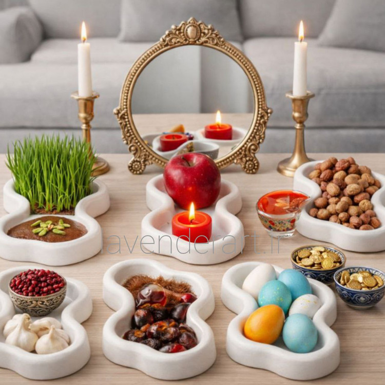 ظرف هفت سین سنگ مصنوعی با نقاشی شاخه گلی در برکه با ابعاد 18*13 سانتی متر