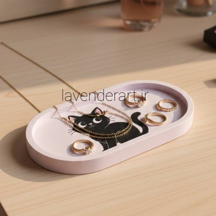 ظرف هفت سین سنگ مصنوعی بیضی با نقاشی گربه با ابعاد 10*19 سانتی متر