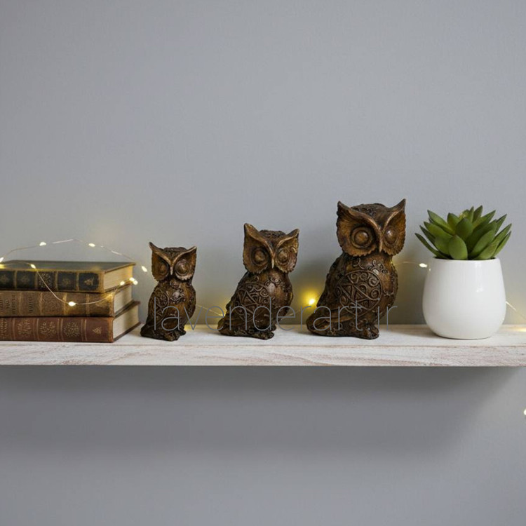 ست مجسمه سه عددی جغد پلی استر طرح چوب