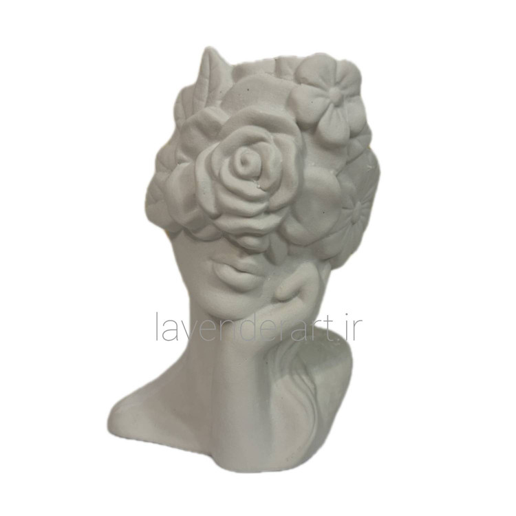 مجسمه گلدانی پلی استر خام سردیس دختری با صورت پوشیده از گل ارتفاع 22 سانتی متر