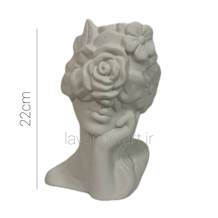 مجسمه گلدانی پلی استر خام سردیس دختری با صورت پوشیده از گل ارتفاع 22 سانتی متر