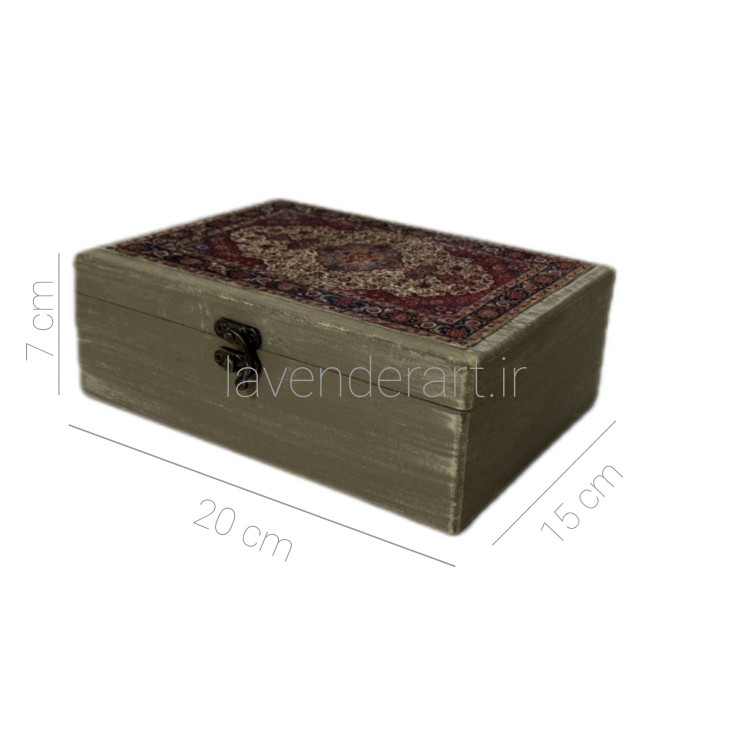 جعبه چوبی کوچک سبز با دکوپاژ مخمل فرش ایرانی ابعاد 20*15*7 سانتی متر
